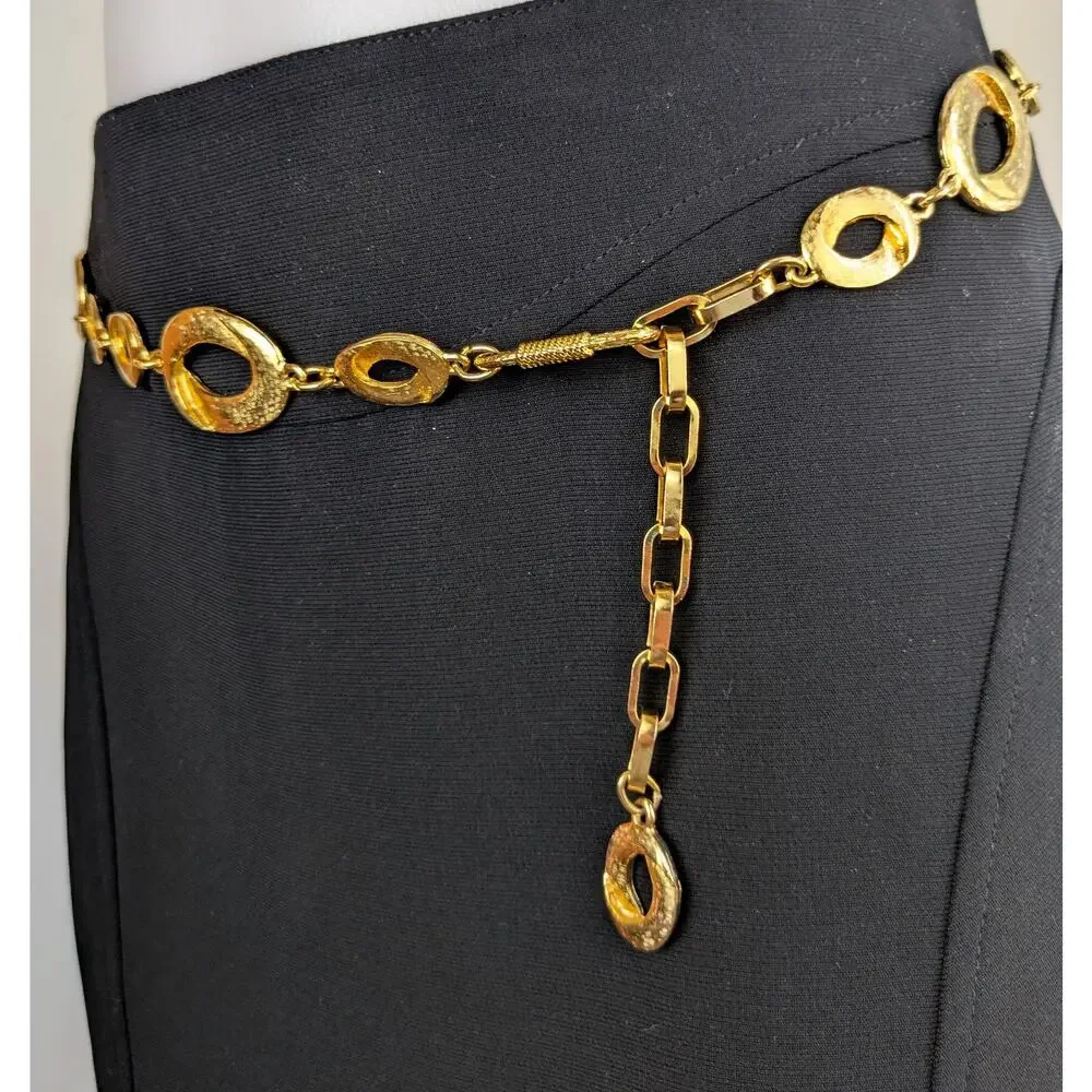 Vintage 90s Chain Belt Gold Tone Oval Links Textured Hammered Adjustable Glam